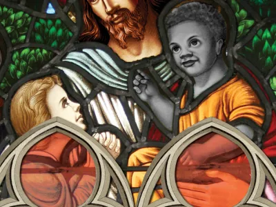 Stained glass image of Jesus and children