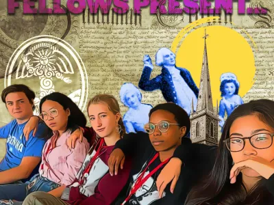 Text reads "Trinity History Fellows Present..." with a composite image of teenagers over historical figures from Trinity's past.