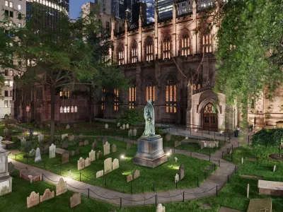 View of the southern side of the churchyard and Trinity Church at night