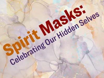 Spirit Masks text on a purple and orange marbled background