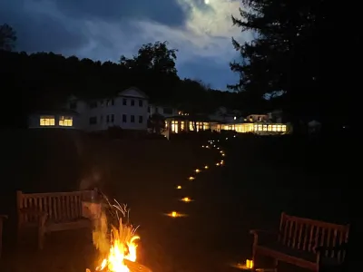 A nighttime campfire at Trinity Retreat Center