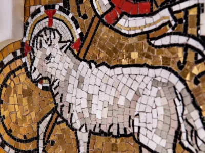 A mosaic depiction of a lamb on the altar in Trinity Church