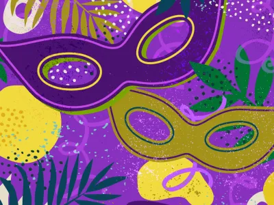 Bright illustration of Mardi Gras masks, palm fronds, and pancakes