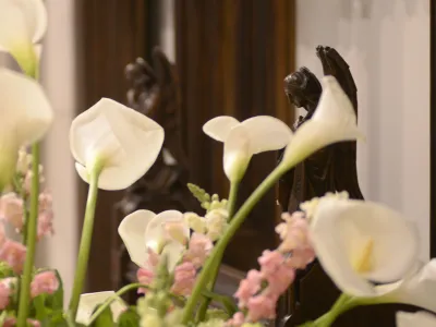 Easter lilies in Trinity Church in front of carved wooden angels