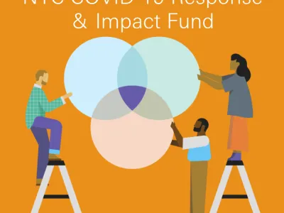 Illustration of people holding a three circle Venn diagram together. The text above reads "NYC COVID-19 Response & Impact Fund"