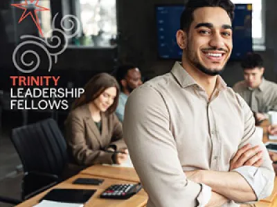 Trinity Leadership Fellows art with man smiling and logo