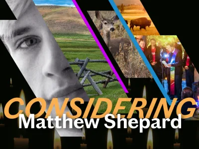 Considering Matthew Shepard art with slices of images on a black background