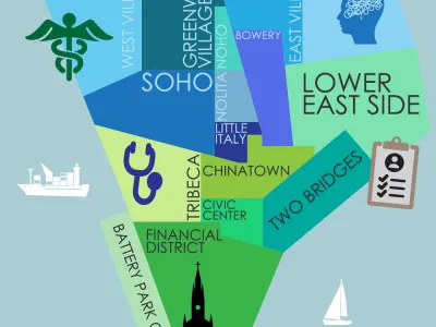 A stylized illustration of Lower Manhattan in blue and greens. Overlaid on the map are symbols representing mental health, like a profile with a scribbled mind, a caduceus, and checklist. A small symbol representing Trinity Church is in Black at the bottom half of the image.