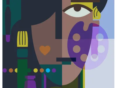 Abstract art depicting a face with a paintbrush, tube of paint, and palette. 