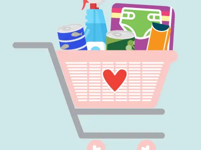 Grocery cart drawing with teal background