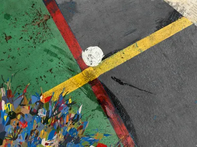 Abstract brush strokes in green, yellow, red, white, black, and blue