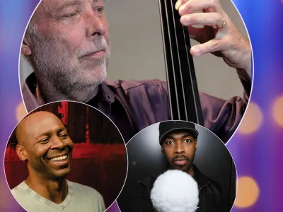 Three circles with Jazz artists images in them