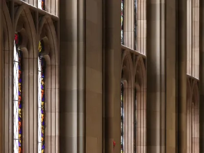 Lighting shining through stained-glass windows in Trinity Church