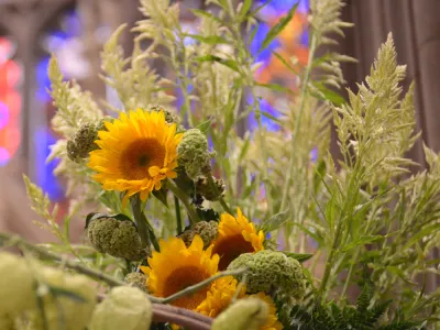 Sunflowers arranged in front of Trinity's stained glass window.