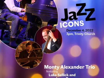 Jazz Icons art with photos of the musicians in Monty Alexander Trio 