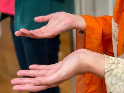 Two palms face upward, stretching out of the arms of an orange and gold robe.