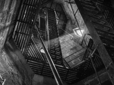 Bell tower steeple and stairs in black and white