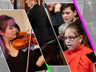 Sliced images of musicians in stripes