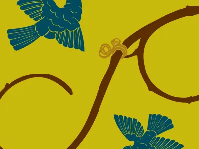 Blue birds and branch on a golden yellow field