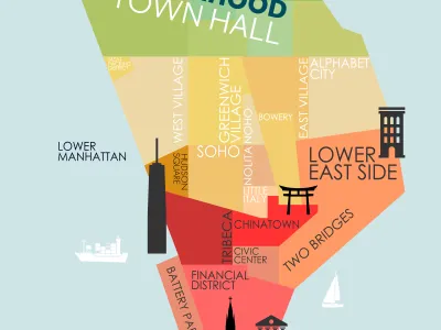 Stylized rendering of Lower Manhattan with the words "Neighborhood Town Hall" at the top