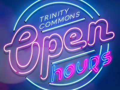 Art mimics neon lights that reads "Trinity Commons Open Hours" in pink and blue colors on a navy background. The words are surrounded by two circles..