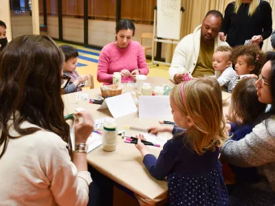 Parishioners working on Lenten craft projects during a special Children's Time at Trinity Commons