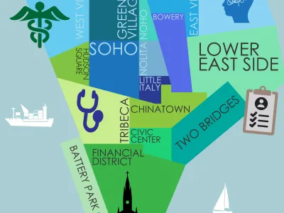 Stylized map of Lower Manhattan in blues and greens, reminiscent of a stained window. Each neighborhood is featured in a different color, with icons representing mental health strewn about the map.