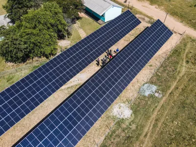 An overhead shot of the 152-kilowatt solar farm installed by the Anglican Diocese of Central Zimbabwe with Tatanga Energy, consisting of approximately 360 panels, batteries, and a transformer.