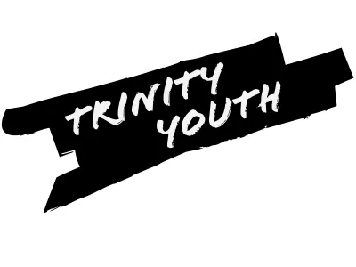 Black paint strokes with white text that says Trinity Youth