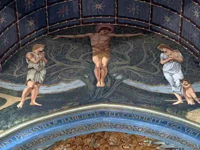 Mosaic showing Jesus on a cross and the tree of life