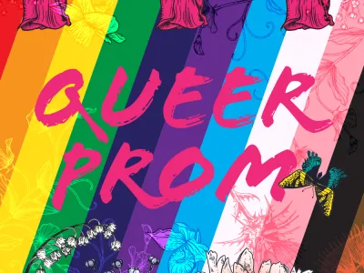 LGBTQ rainbow flag design with words QUEER PROM in the middle