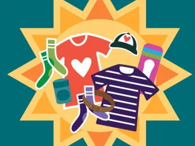 A colorful illustration of socks, clothes, and personal hygiene products layered over a yellow sun, all atop a teal background.