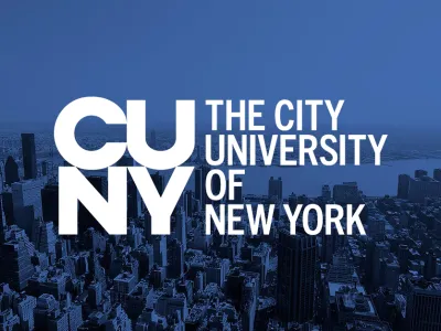 An overhead shot of the New York City skyline with a blue overlay, with the following text: "CUNY The City University of New York"