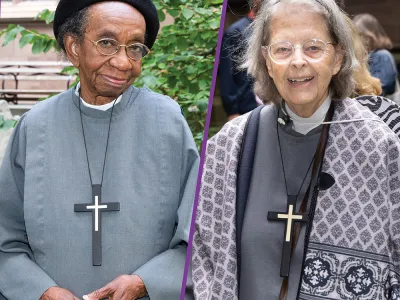 Sister Gloria Shirley at left stands in the Trinity Churchyard; Sister Ann Whittaker at right poses at the Parish Picnic