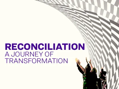 "Reconciliation: A Journey of Transformation;" dancers stand with hands reaching up against in front of a checkerboard vortex background