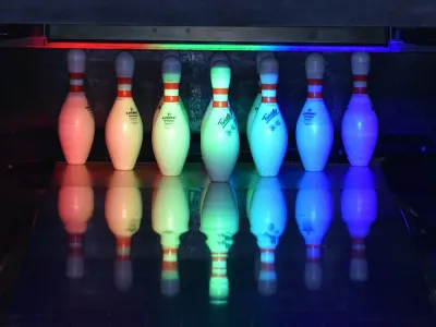 Bowling pins at the end of a bowling lane