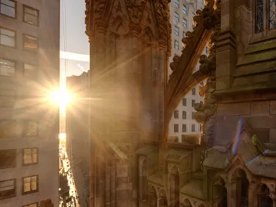 Trinity Church architectural features with sunlight streaming through