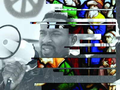 A collage image of a Black male protestor with a megaphone beside a stained glass depiction of the Exodus