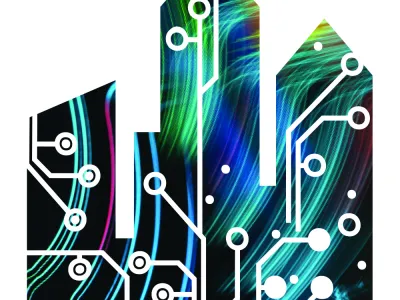 Illustration of buildings with a stylized circuit board overlaid with blue and green lights on the background.