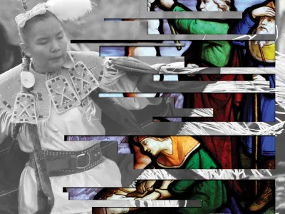 An image collage show an Indigenous woman dancing interposed with a stained glass depiction of the Exodus