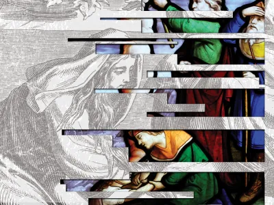 An image collage of an engraving of a woman wearing a robe and a stained glass image of the Exodus