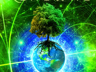 NOVUS Renewal concert art showing a tree on top of the Earth with green and blue hues