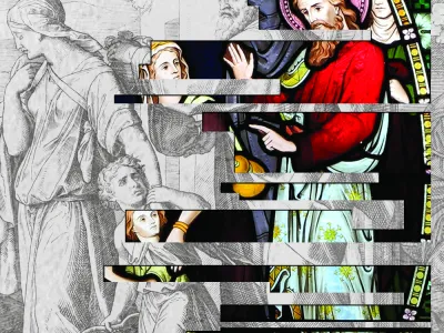 A stained glass image of Hagar and Ishmael interposed with a lithographic of the same subject