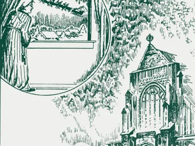 A vintage drawing of Church of the Intercession and a scene from A Visit from St. Nicholas