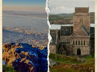 Polaroid-style image showing Cape Town, South Africa and Iona, Scotland