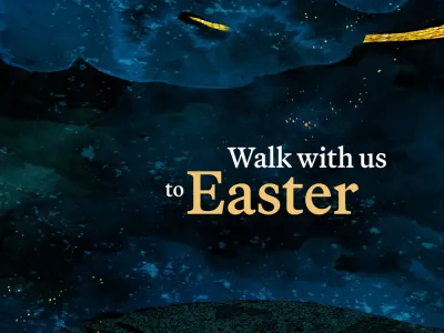 Navy blue collage of landscape and dark clouds with text that says Walk with us to Easter.