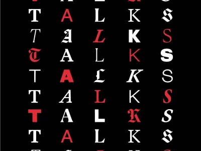 Pattern of the word TALKS, repeated in multiple rows, using a variety of fonts in red and white.