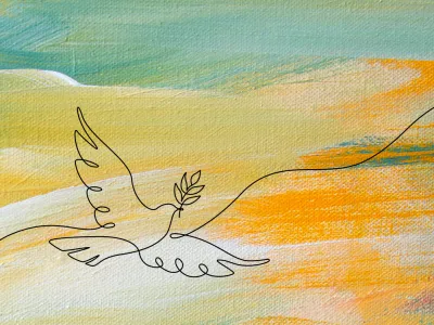 A stylized line drawing of a dove with an olive branch above a painted background