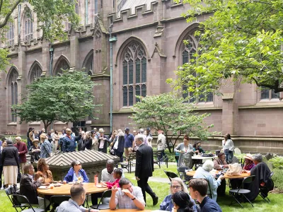 Parishioners and staff gather in Trinity Churchyard for the 2023 Parish Picnic