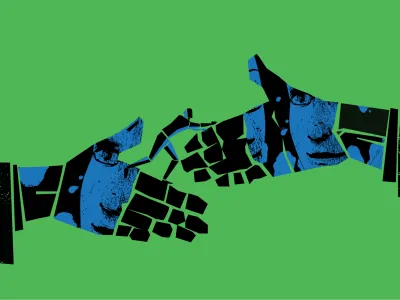 A graphic illustration of two hands reaching to each other and a human figure climbing across the gap from one hand to the other